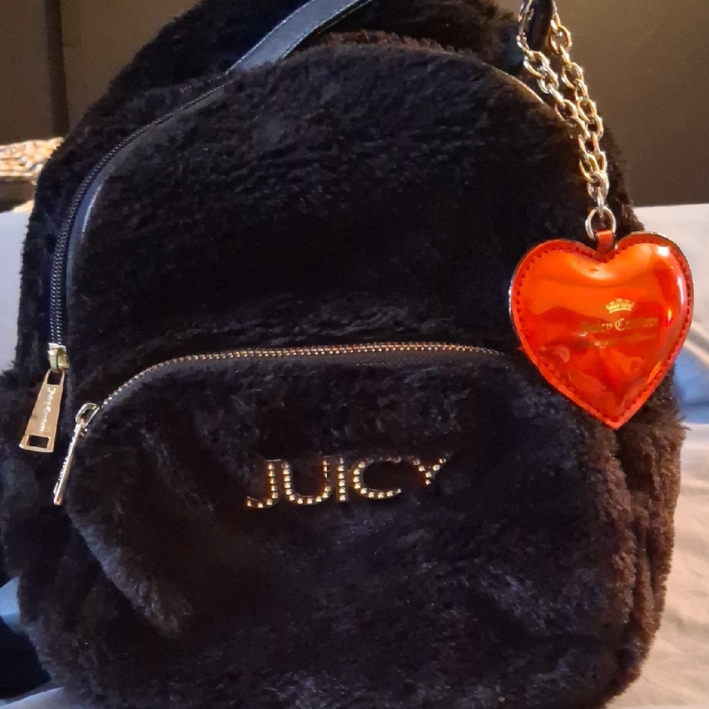 Juicy Couture Black Backpack with Plush Design and Heart Charm